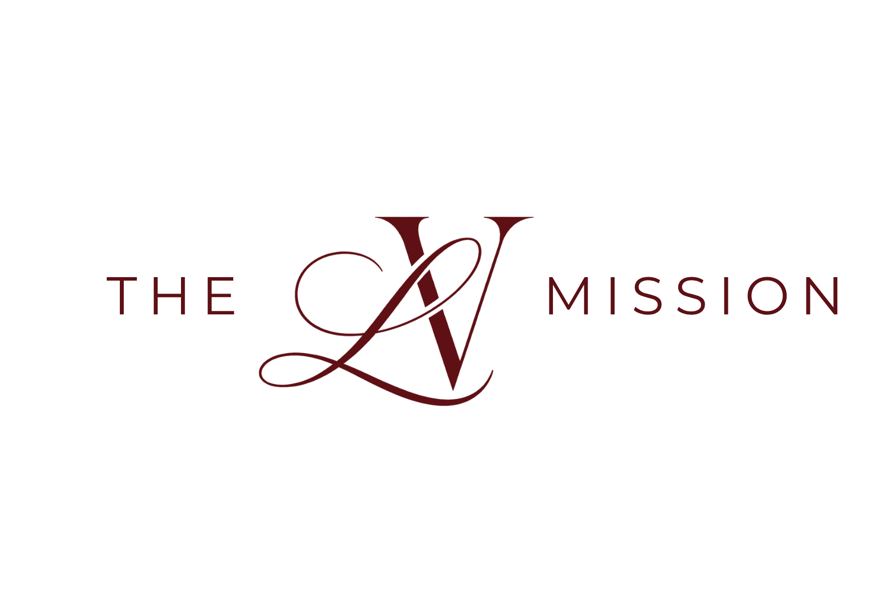 A logo with the words 'The Love Mission' in stylized text, featuring a large initial 'L' intertwined with a 'V' in burgundy color on a black background.