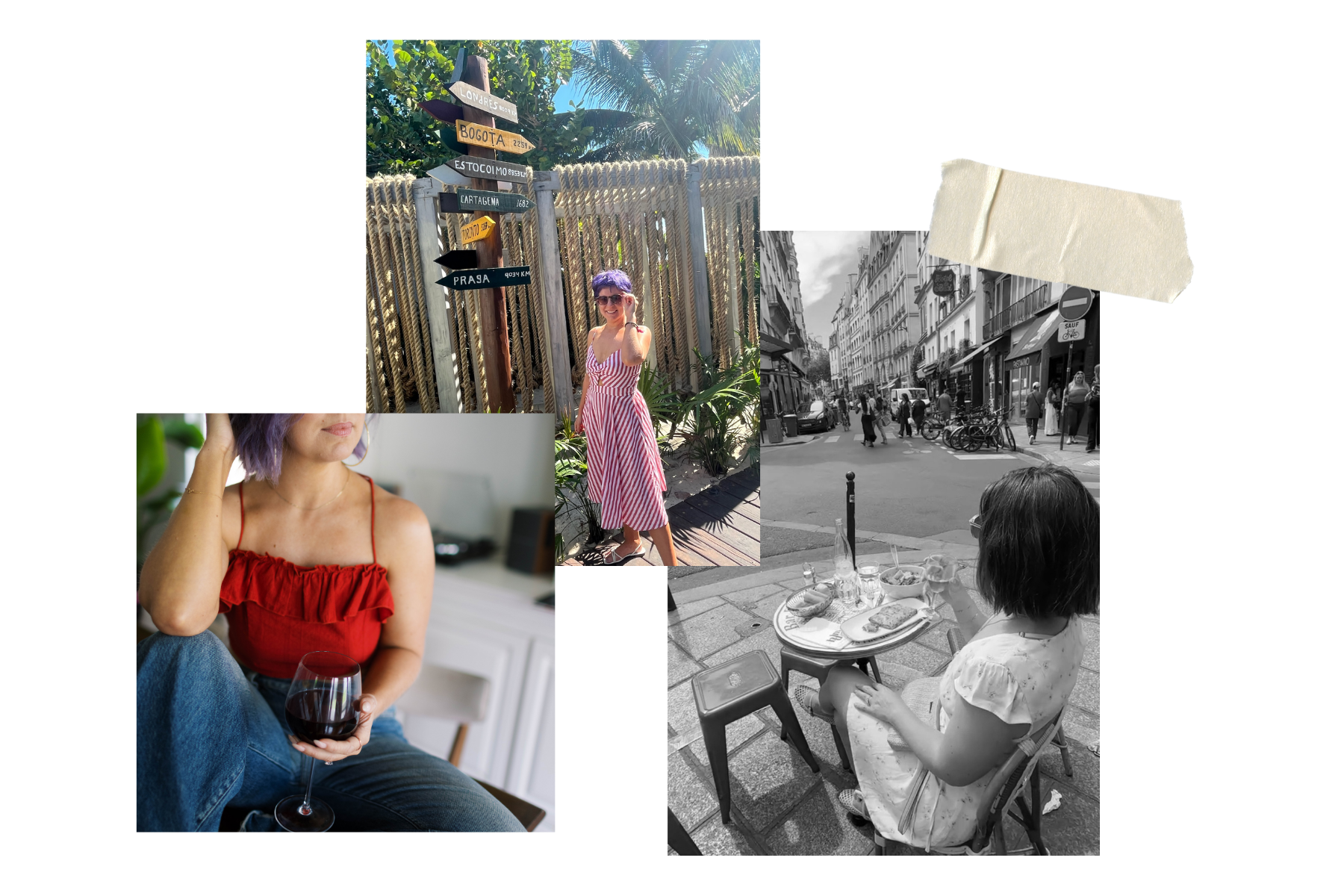 Collage of four photos: a woman with purple hair and sunglasses standing next to wooden signposts on a tropical background; a woman with purple hair in an indoor setting holding a glass of red wine; a woman with short hair and glasses sitting at an outdoor cafe table with food; and a black and white photo of a busy city street with pedestrians and bicycles.