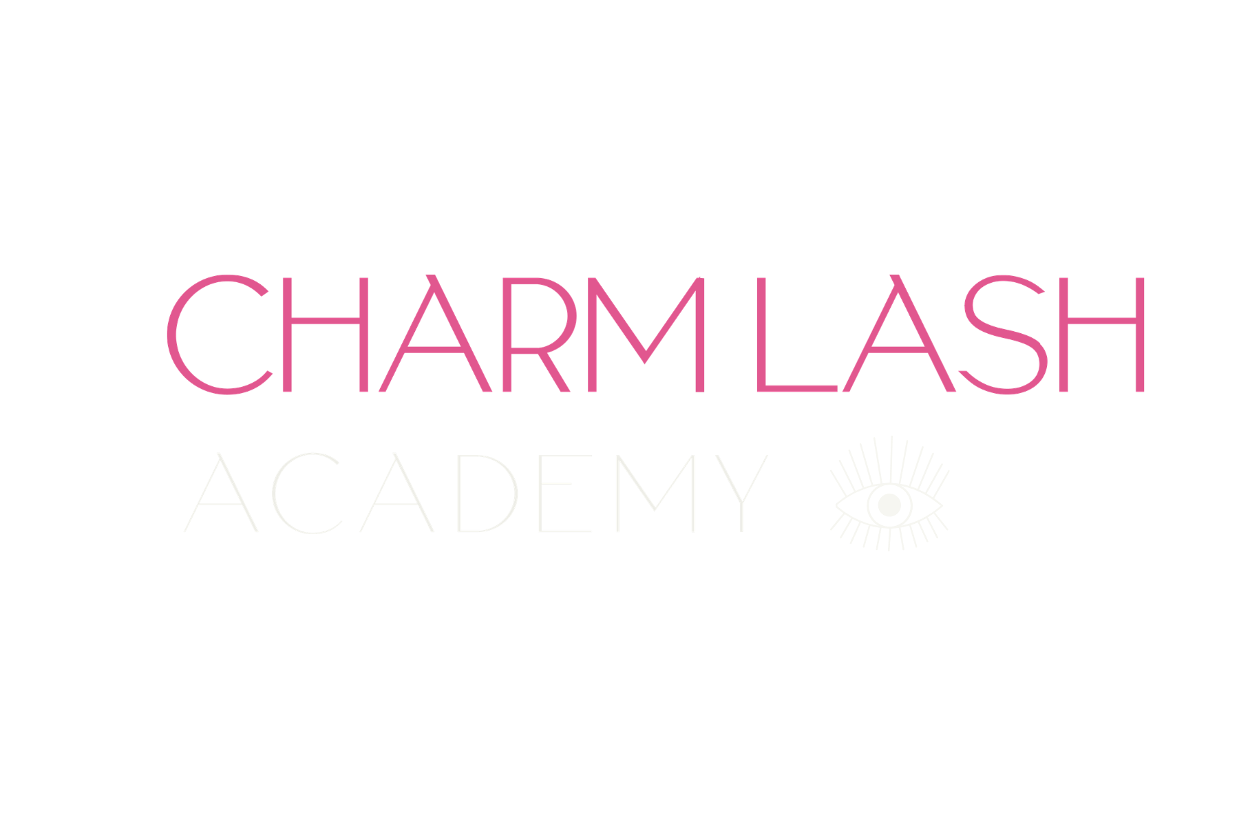 The image displays the logo for Charm Lash Academy, featuring the text 'Charm Lash' in pink and 'Academy' in white, with a stylized eye illustration with radiating lines on a black background.