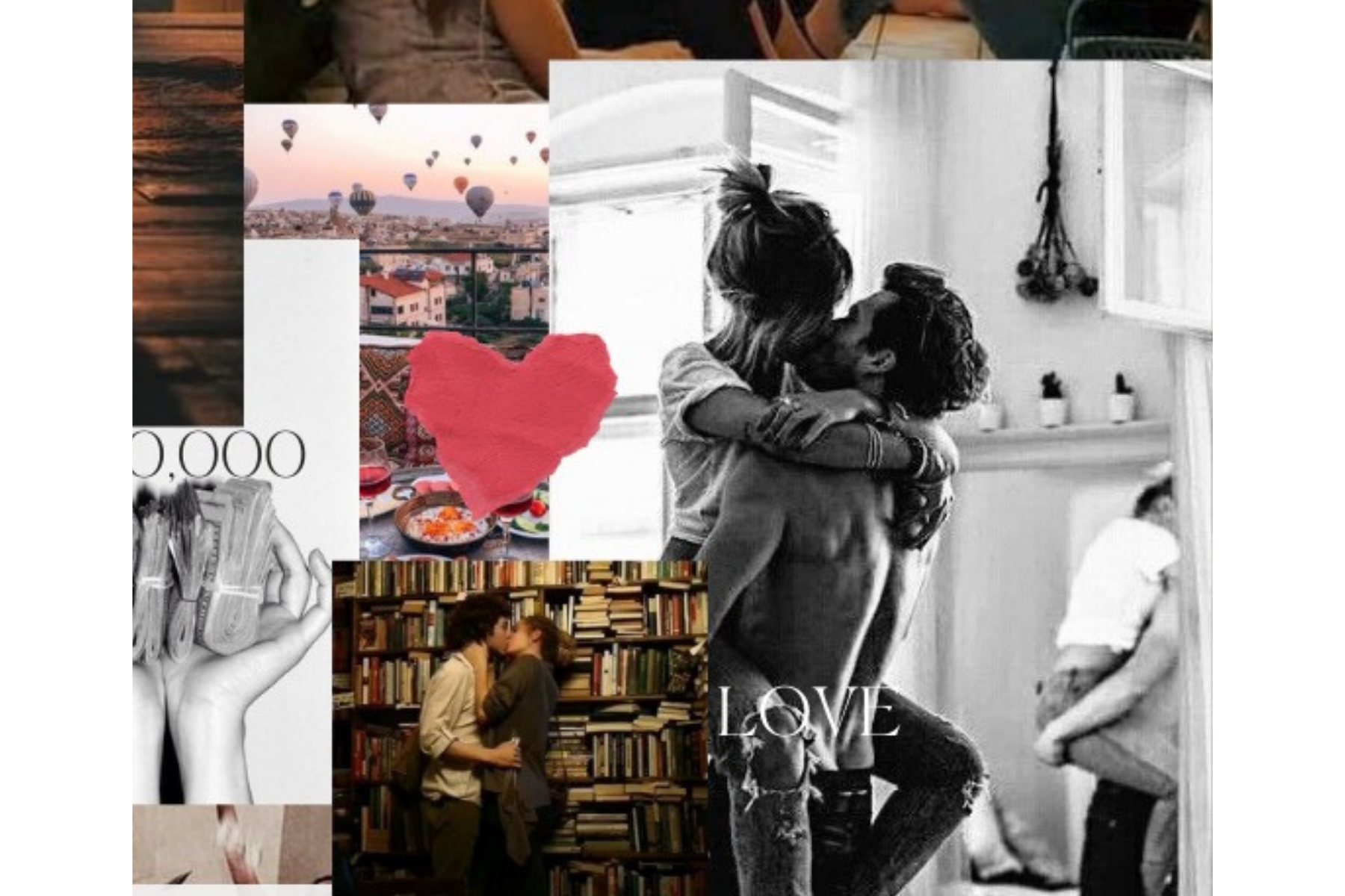 A collage of black and white and color images depicting love and romance: a couple kissing, hot air balloons at sunrise, a couple standing by a bookshelf, a heart-shaped object, and a hand holding a mini figure. The collage includes words like "LOVE" and a number 0,000.