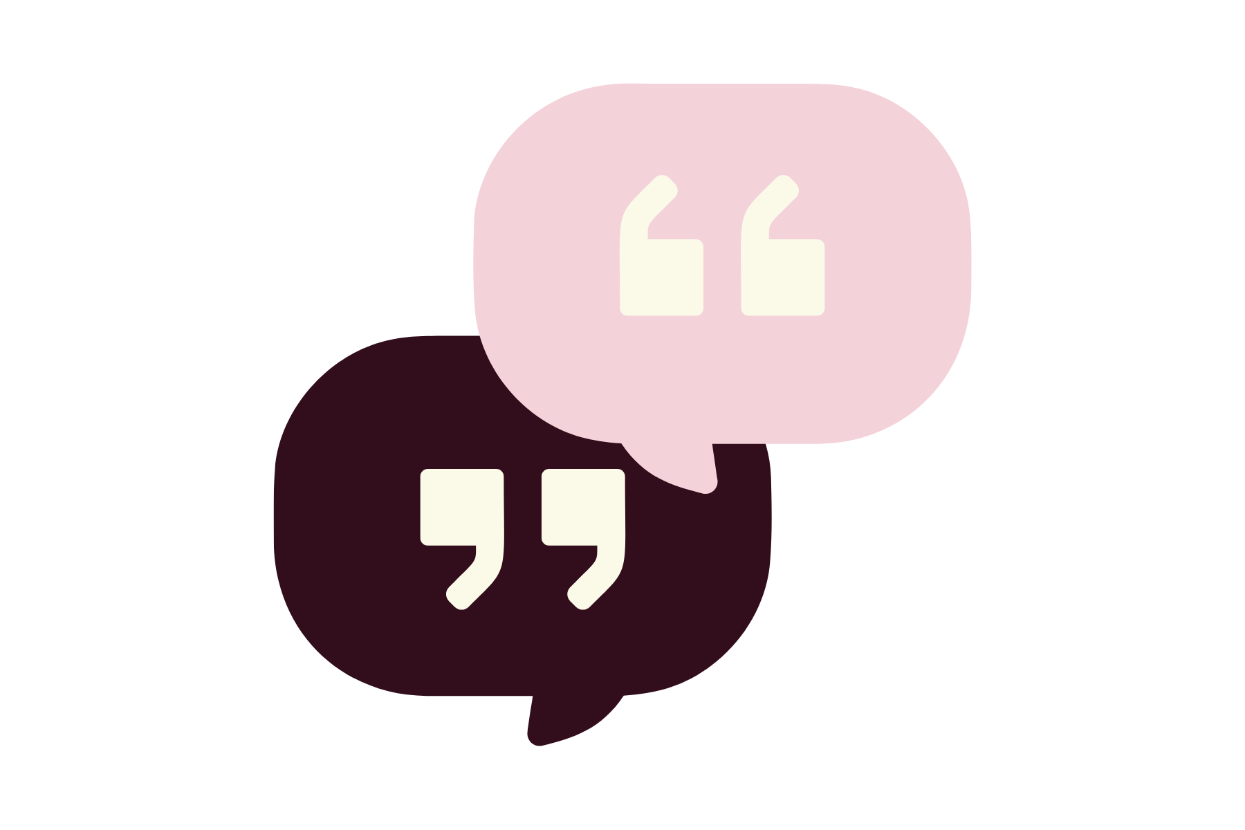 Two overlapping speech bubbles with quotation marks, one pink and one dark red, on a black background.