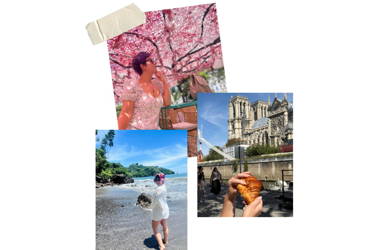 A collage of four photos: a woman in pink floral dress with cherry blossoms in background, a woman at a beach with rocks and trees, the Notre-Dame Cathedral in Paris, and someone holding a croissant near the Seine River.