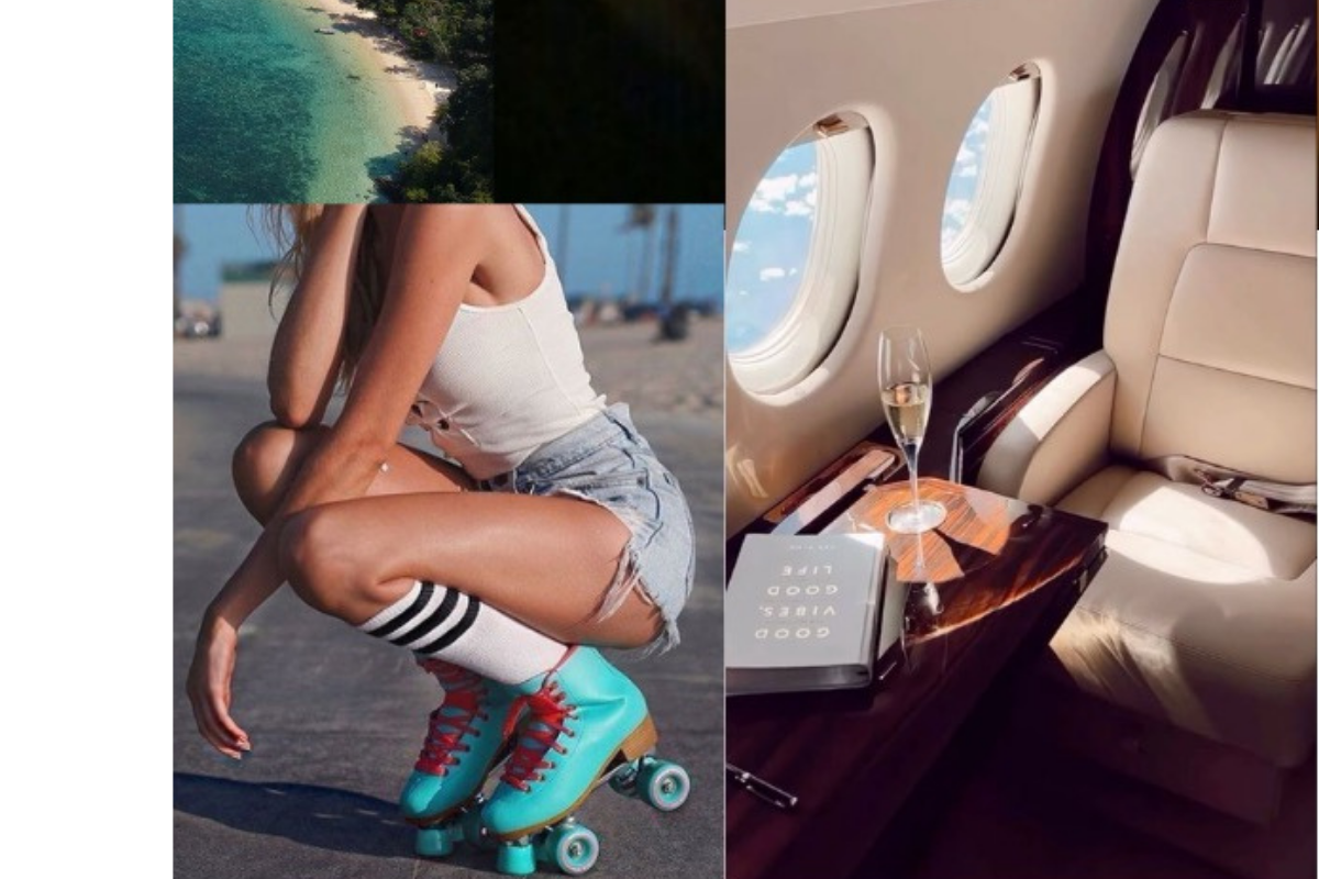 Collage of three images: aerial view of a beach with green water and trees, a woman in summer attire crouching on a skateboard on a beach, and the interior of a private jet with two windows, a glass of champagne, and a book on the armrest.