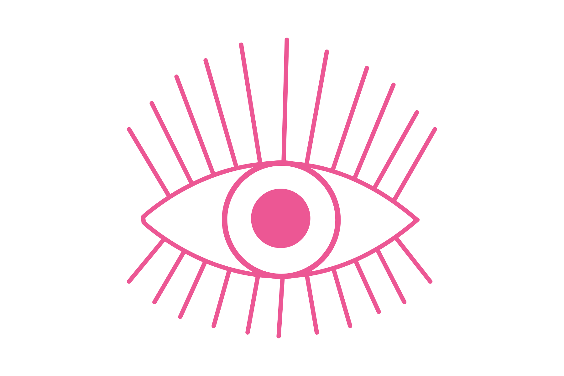 Line art illustration of a stylized eye with pink accents and radiating lines, on a black background.