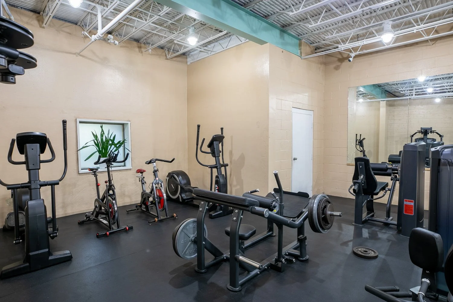 Free weights and cardio equipment in the gym area of Iron Club in East Point Georgia, in the downstairs of Phys. Ed.