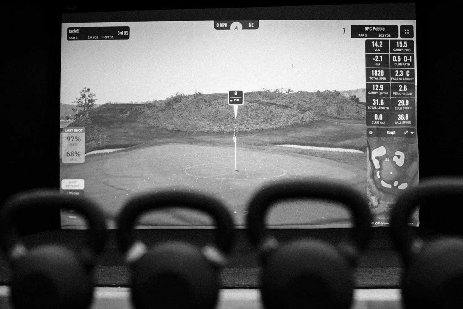 Golf simulator screen showing a golf course with a flag on a green, various statistics and a mini-map on the right side, and kettlebell weights for strength training in the foreground.