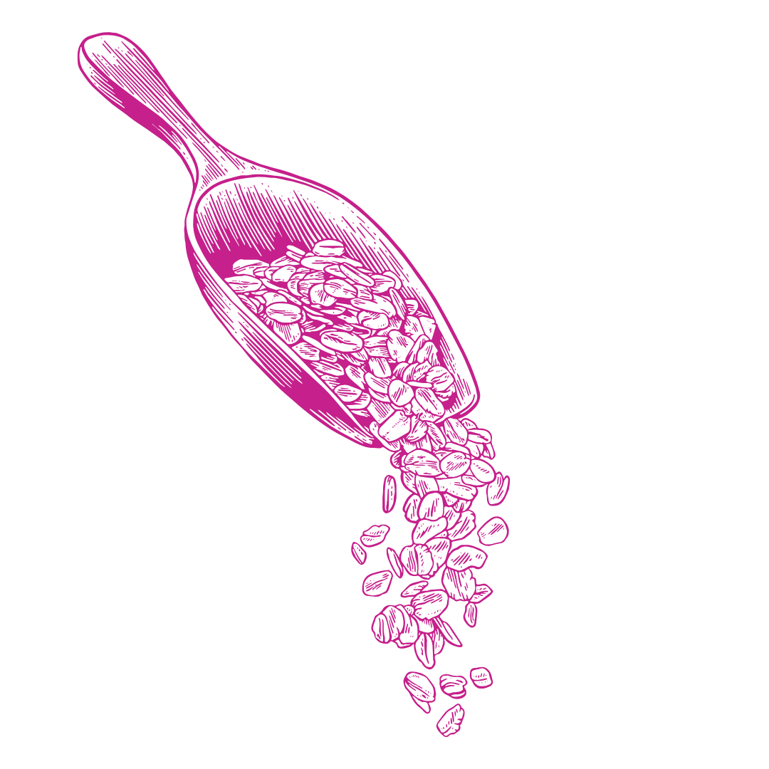 Bright pink line art Illustration of oats being spilled from a large spoon