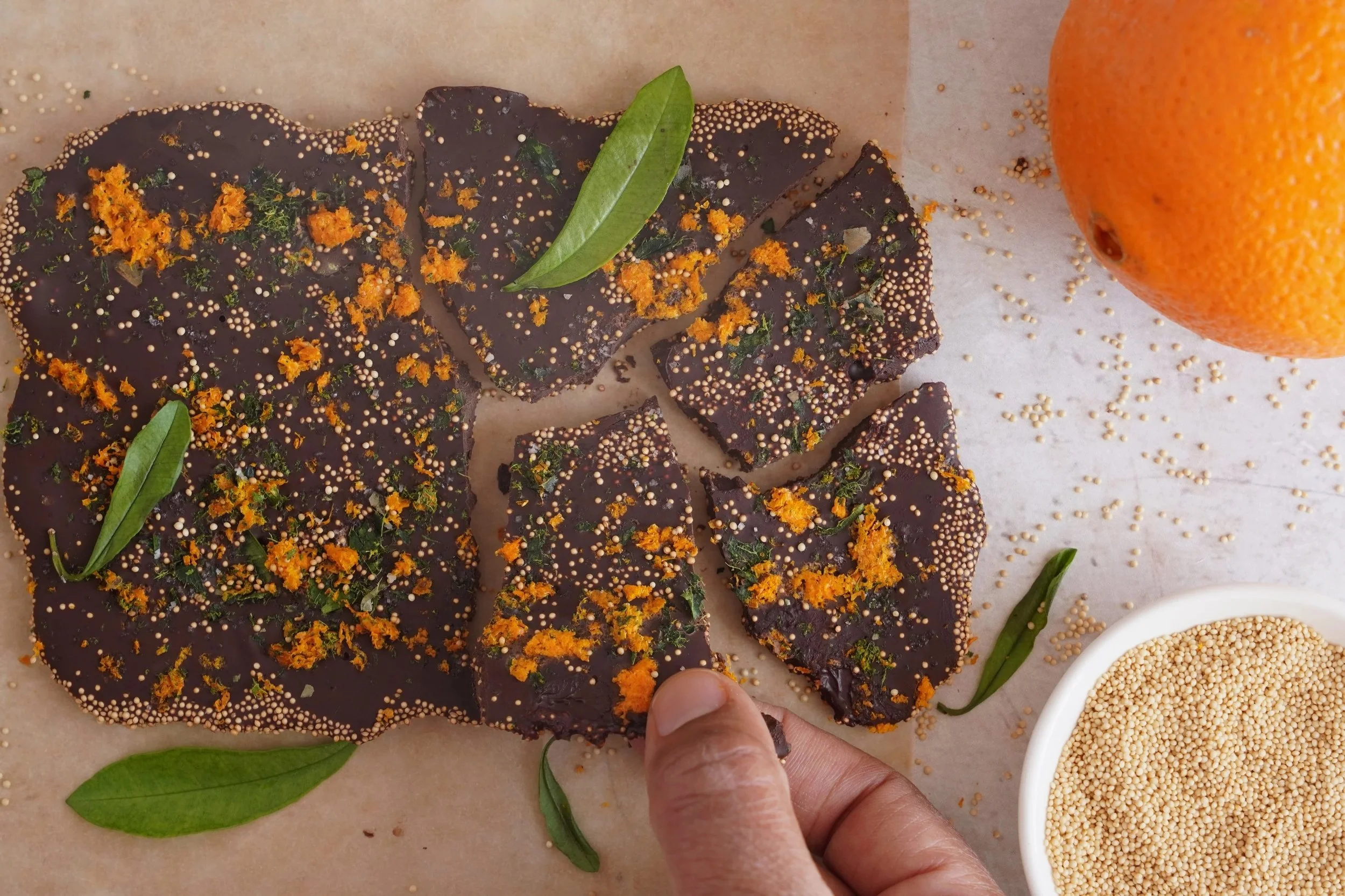 Dark Chocolate Bark with Citrus Crunch and Amaranth Seeds