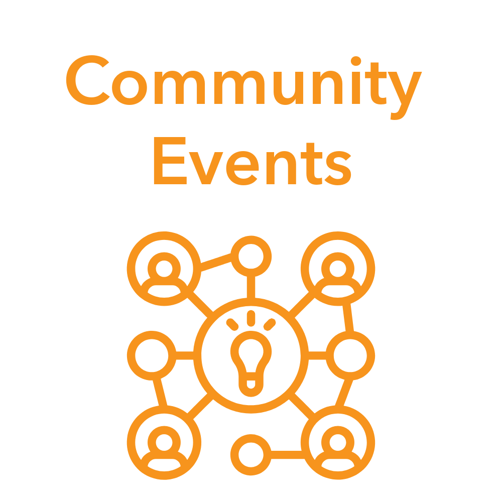 Black background with orange text that says "Community Events" and a network of connected user icons surrounding a light bulb symbol, representing ideas or community engagement.
