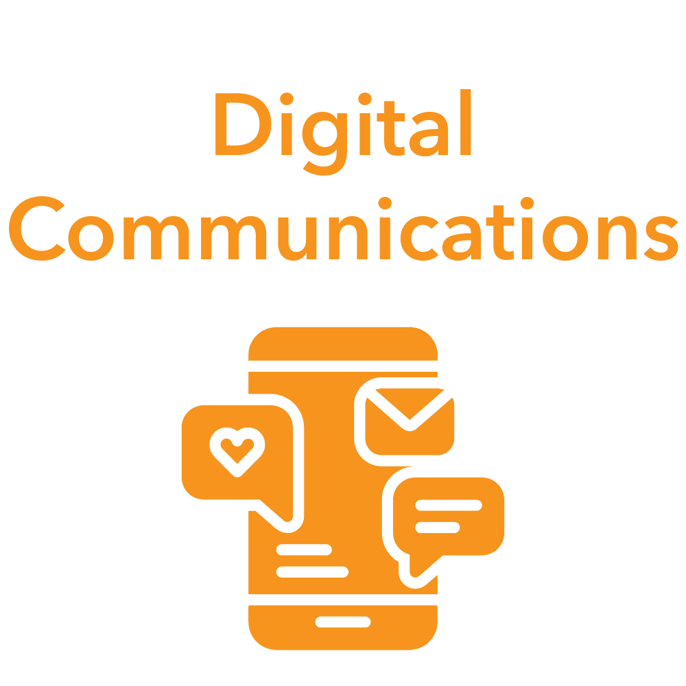 Graphic with the text 'Digital Communications' and an icon of a smartphone with messaging and email symbols.