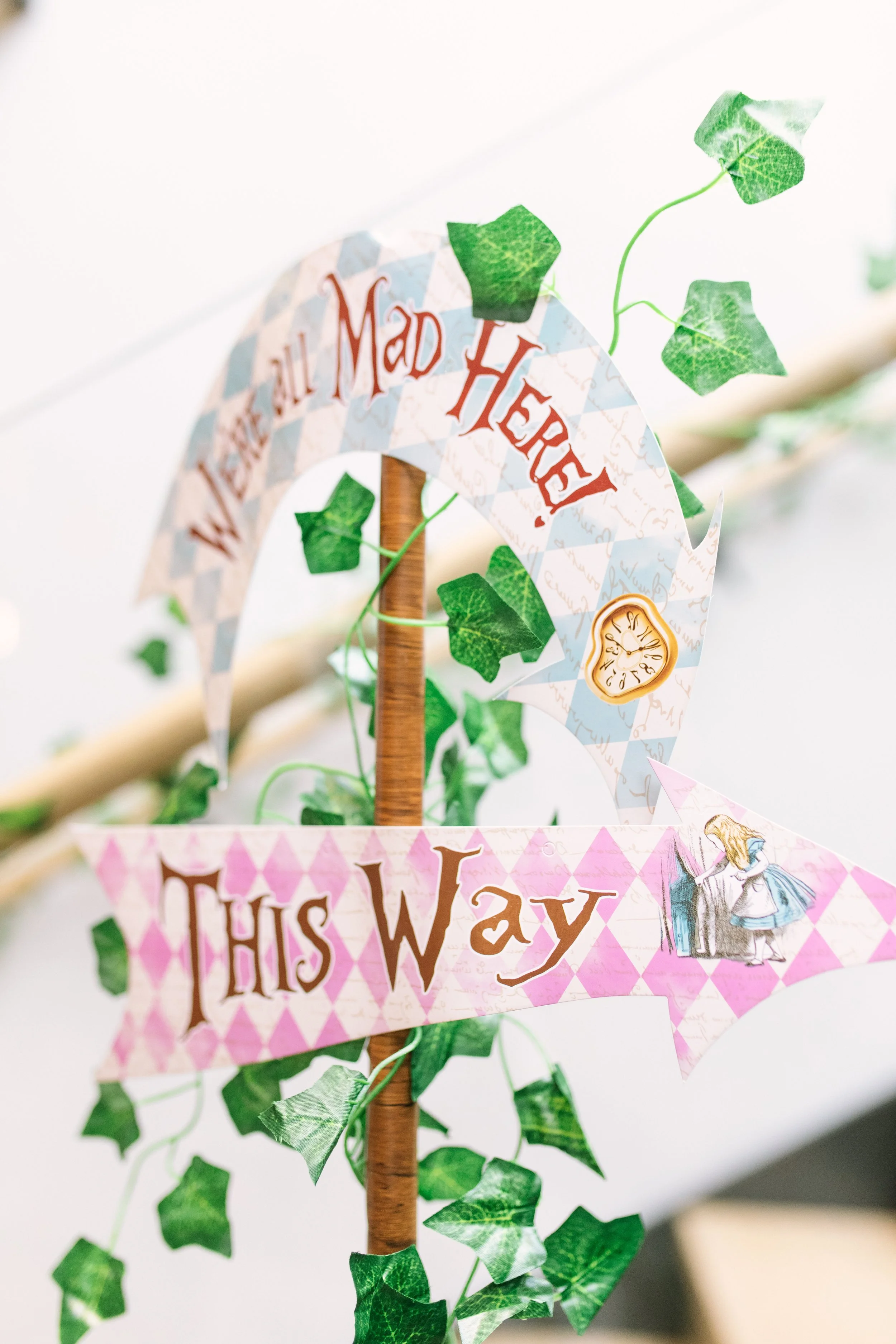A decorative sign featuring a pink and white banner with Alice in Wonderland themed wording, surrounded by green ivy leaves.