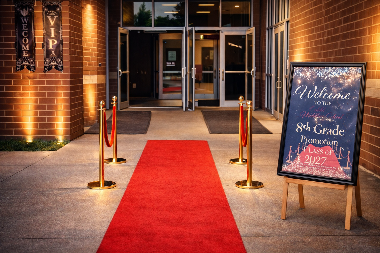 Red carpet leading to the entrance of a building decorated for a celebration, with a large colorful welcome sign on an easel and gold stanchions with red velvet ropes.