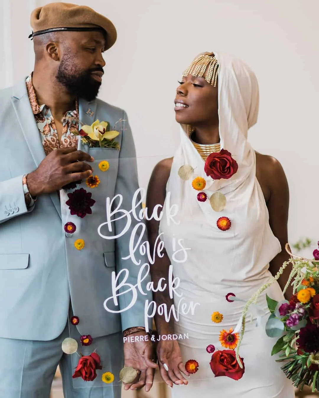 A couple dressed in elegant attire holding hands at their wedding, surrounded by flowers, with the text "Black love is Black power" and "Pierre & Jordan" overlaid on the image.
