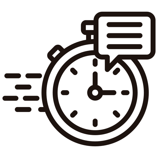 Outline icon of a stopwatch with motion lines and a speech bubble, representing speed or quick communication.