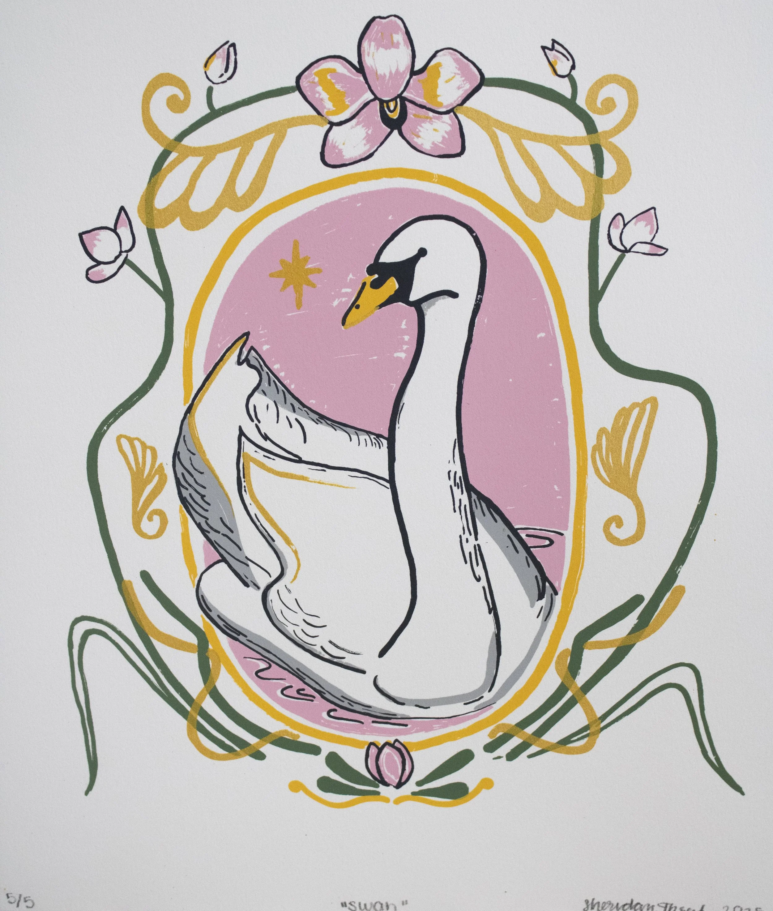 "Deco Swan", 2025, Screenprint, 9" x 11"
