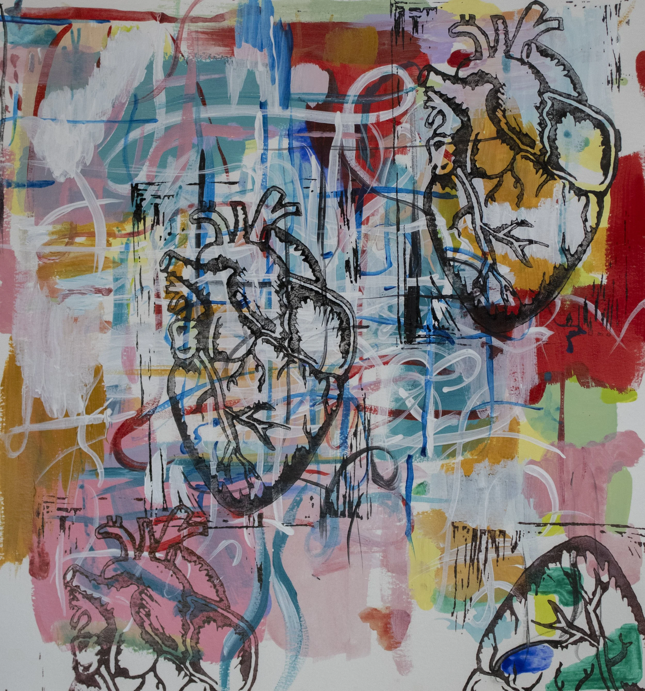 "Heart Beat", 2024, Acrylic and Ink collage on Paper, 10" x 10"
