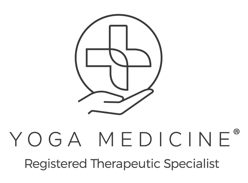 Schwarzweisses, rundes Logo für Yoga Medicione, Registered Therapeutic Specialist