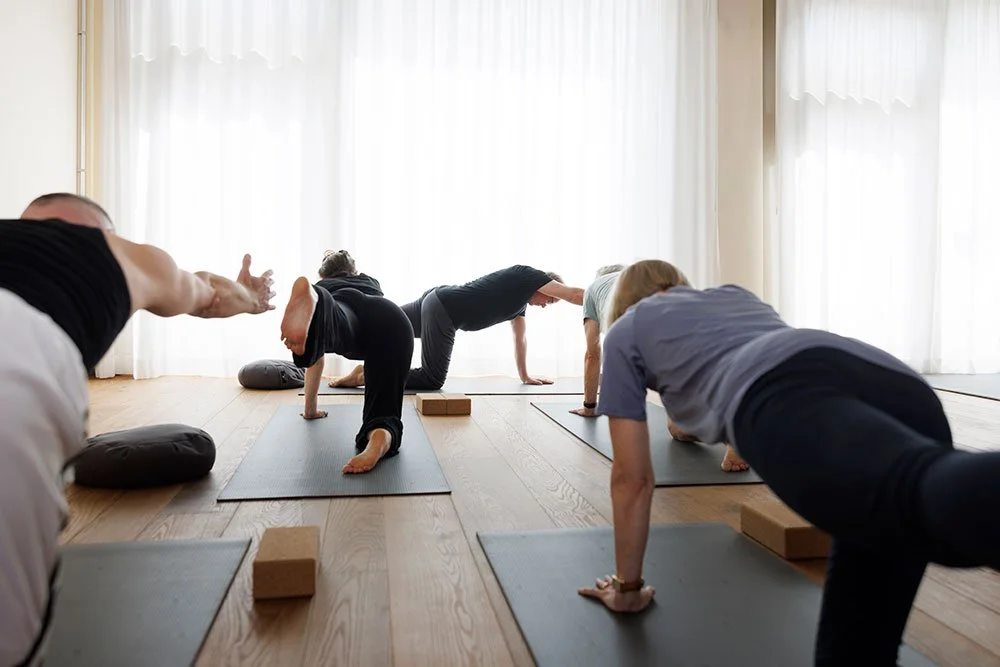 Menschen beim Yoga in einem lichtdurchfluteten Studio.