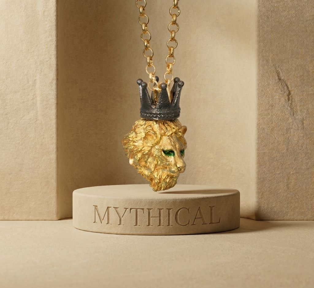 Gold-plated lion head necklace with a ruthenium-plated crown pendant hanging above a beige circular base with "MYTHICAL" engraved on it, against a beige background.
