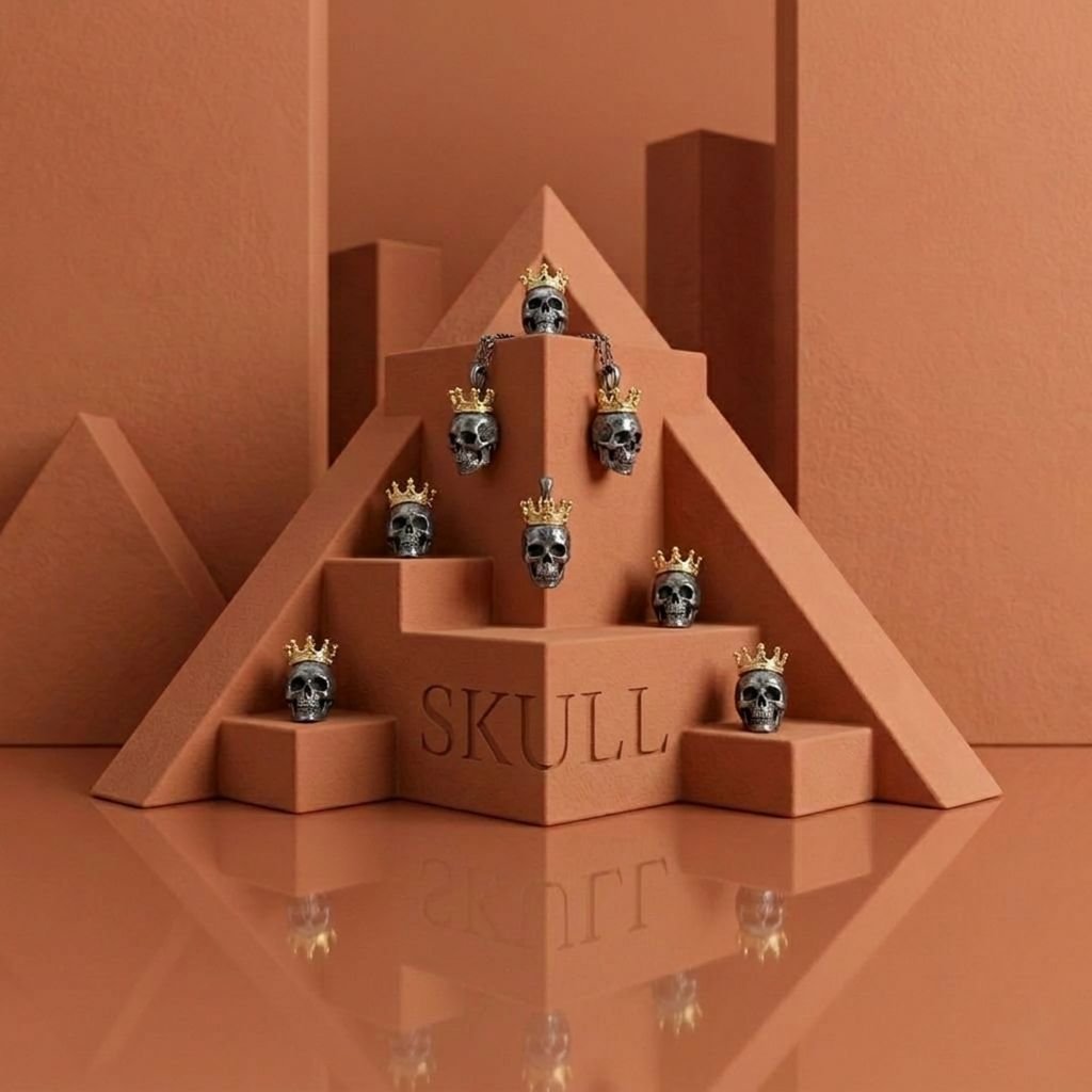Decorative pyramid with ruthenium-plated skulls wearing gold-plated crowns, labeled 'SKULL' at the base.