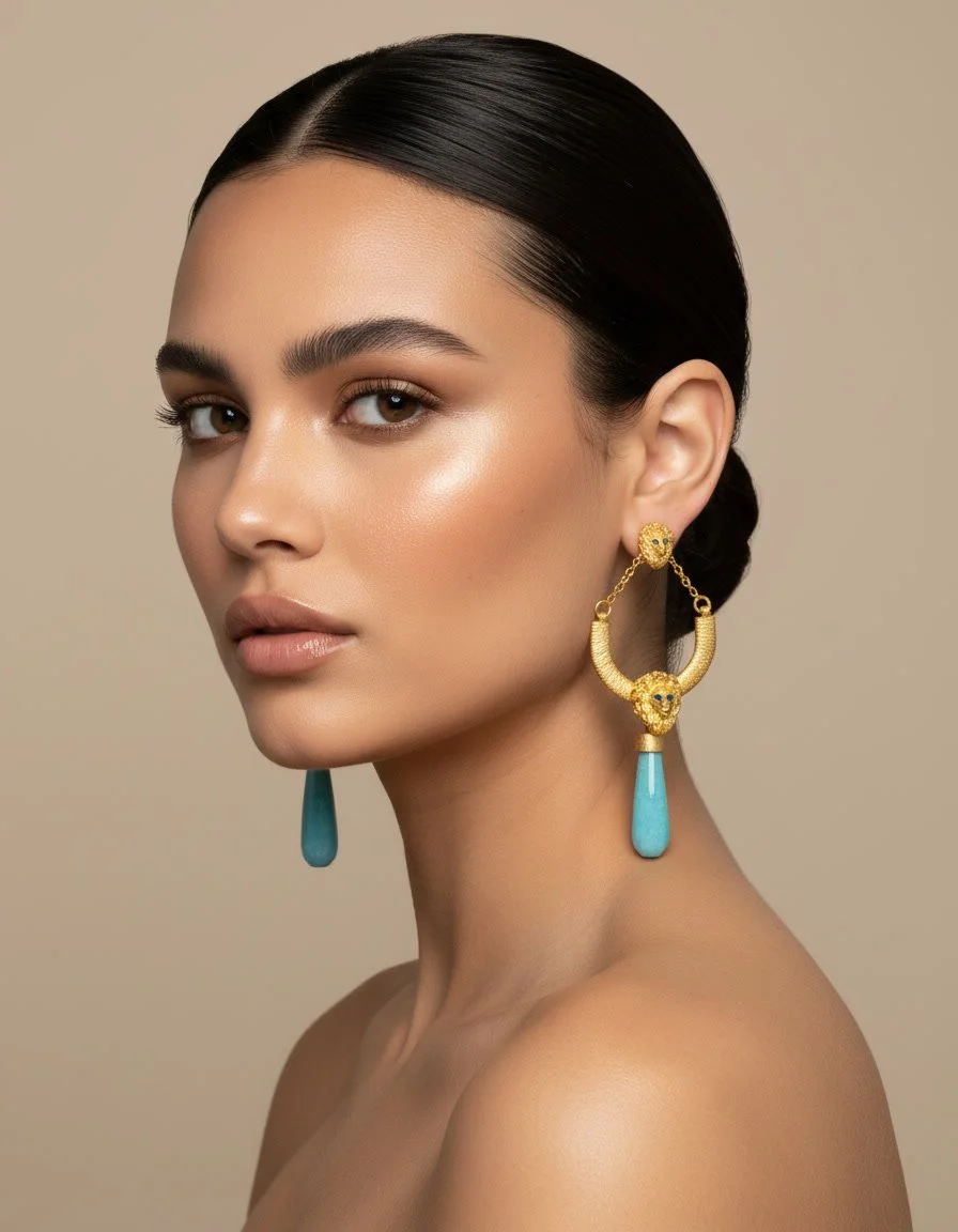 A woman with dark hair styled in a sleek bun, wearing large gold-plated earrings with lion heads and turquoise agate teardrop pendants, against a beige background.