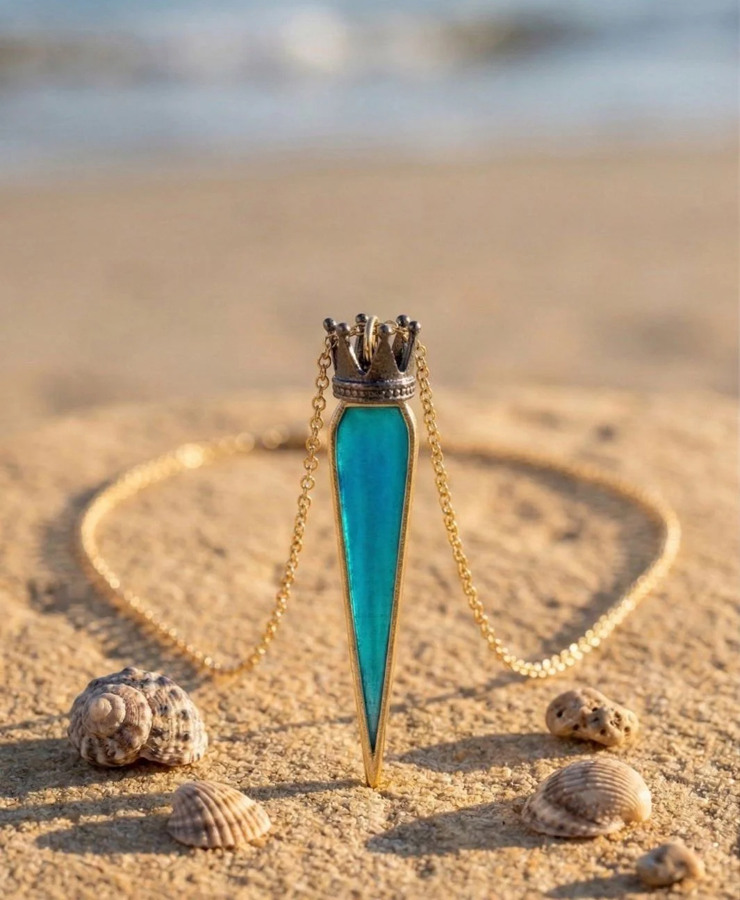 A pendant necklace with a turquoise enamel-colored, elongated triangular shape topped with a small ruthenium-plated crown, placed on sandy beach with seashells in the foreground.