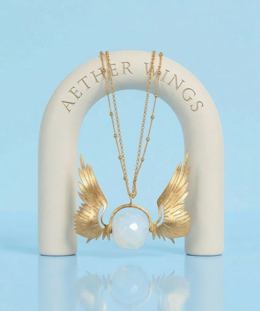 Gold plated necklace with angel wing design holding a semi-precious stone, hanging in front of a white arch with the words 'AETHER VINGS' on it, against a light blue background.
