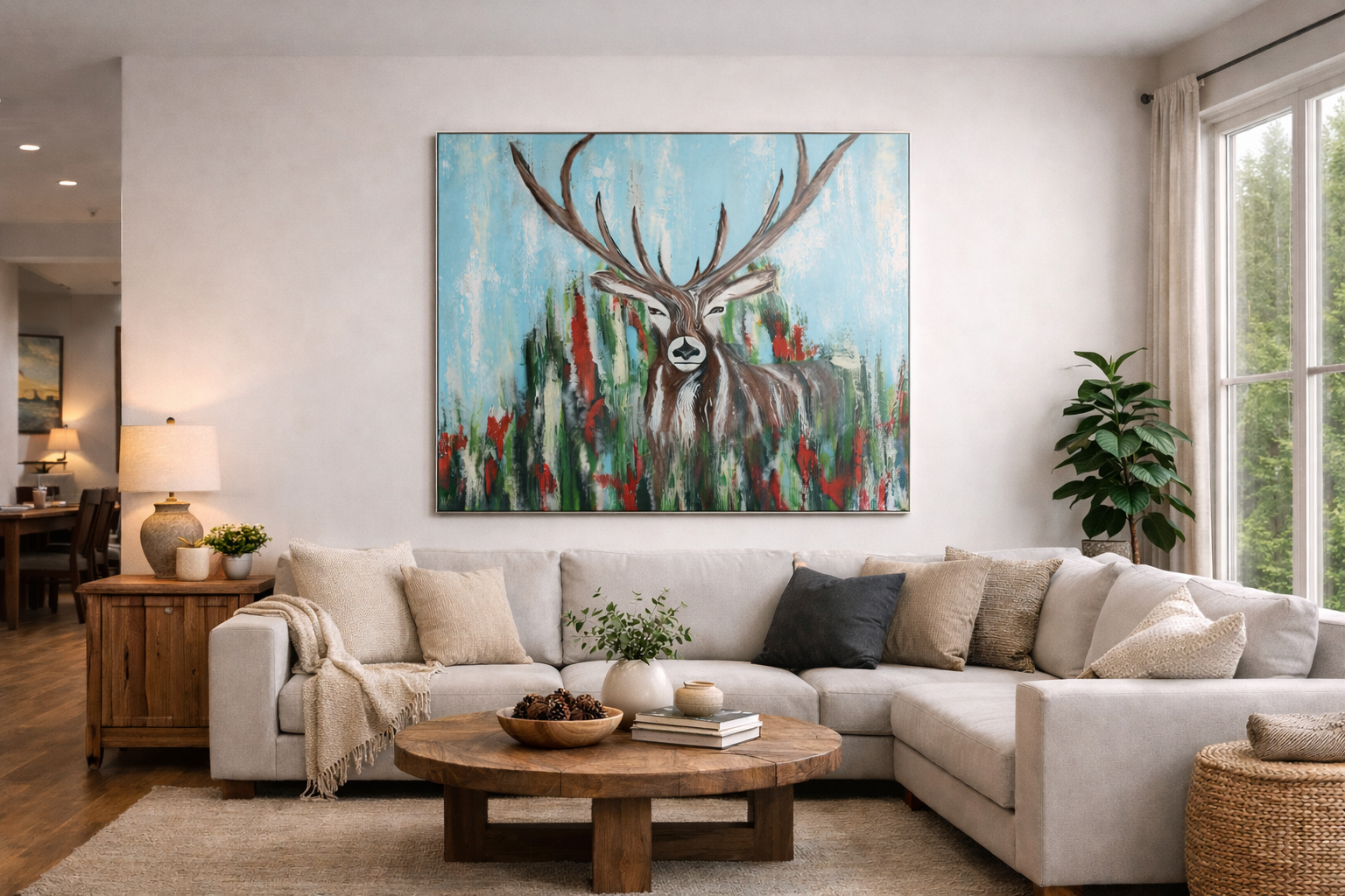 Wohnzimmer mit weißem Sofa, Kissen, einem runden Holztisch, Dekorationen, großer Wandmalerei eines Hirsches, Pflanzen und viel natürliches Licht.