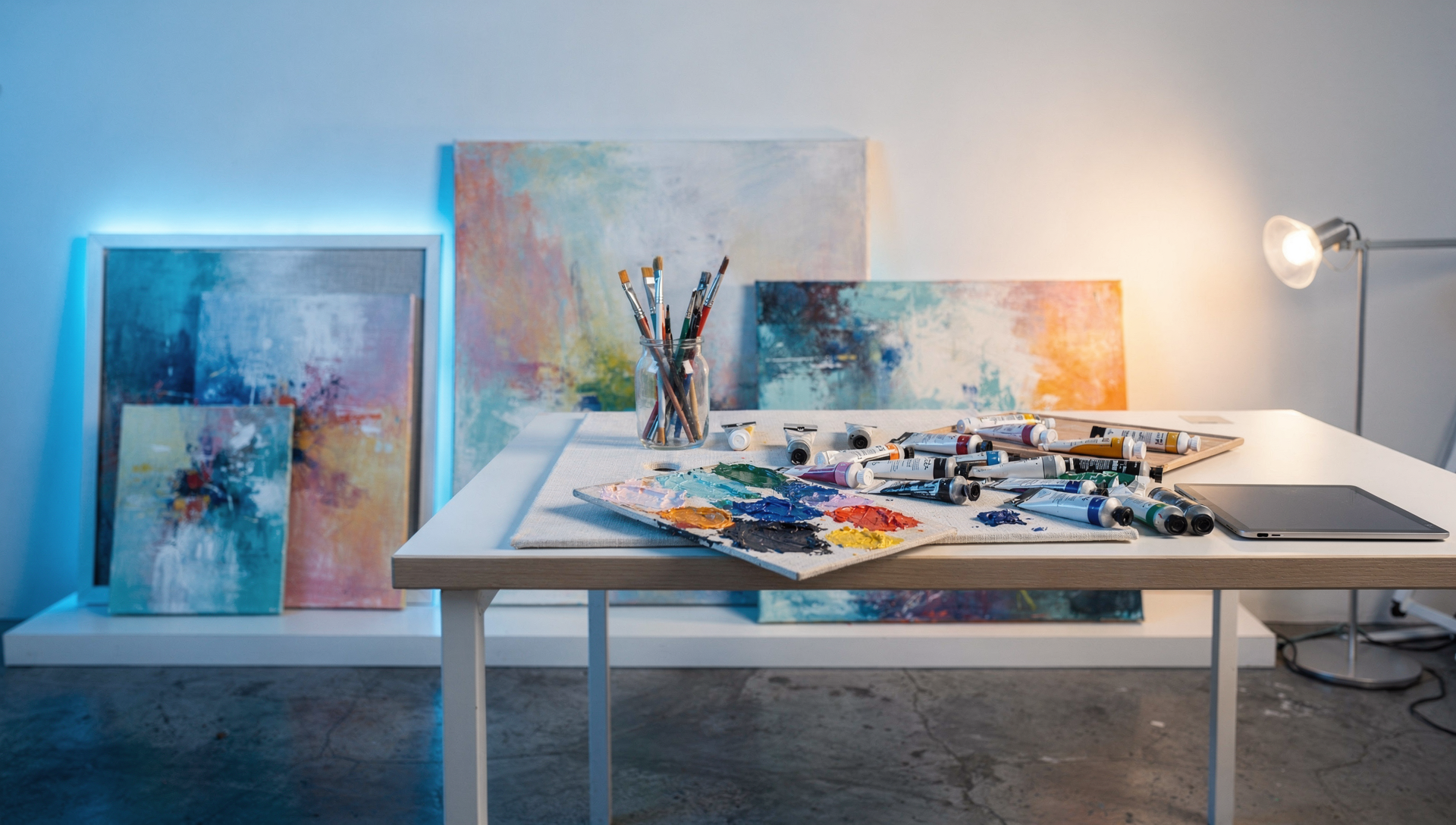 Ein Tisch mit Pinsel, Farben und Leinwänden in einem Kunststudio, beleuchtet von verschiedenen Lampen.