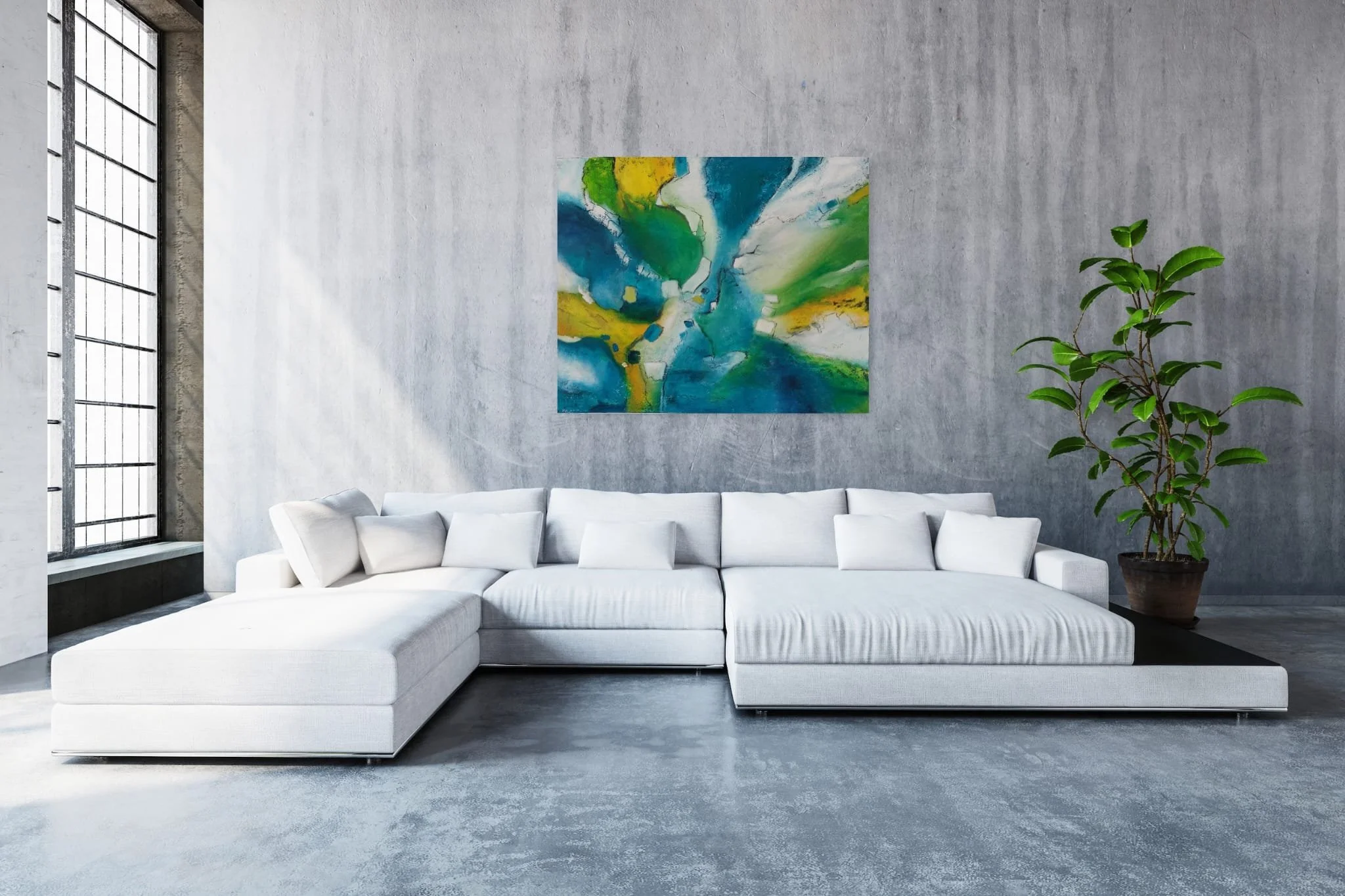 Moderner, minimalistischer Wohnraum mit weißen Sofas, abstrakter kunst auf der Wand, große Fenster und eine Topfpflanze