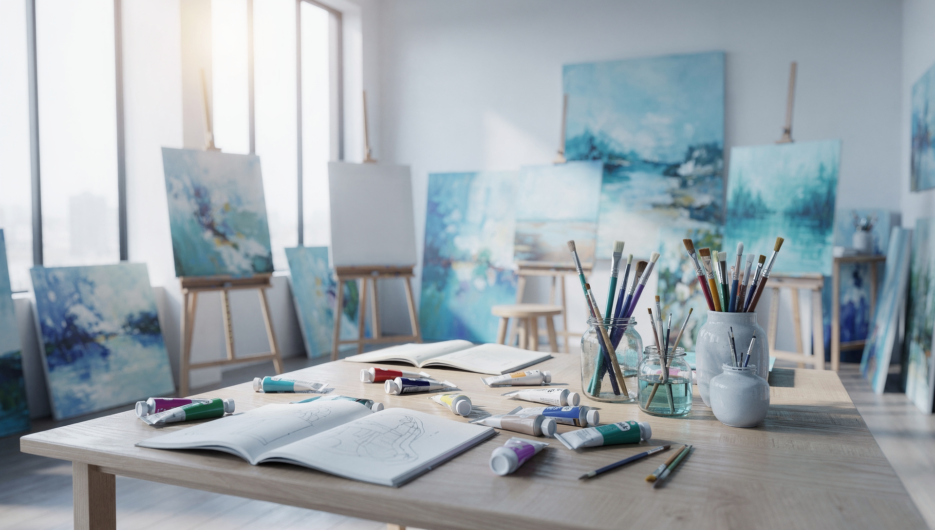 Ein Tisch mit Farbpaletten, Pinseln, offene Skizzenbücher und Malutensilien in einem hell erleuchteten Kunststudio. Im Hintergrund Leinwände mit Landschaftsmalereien.