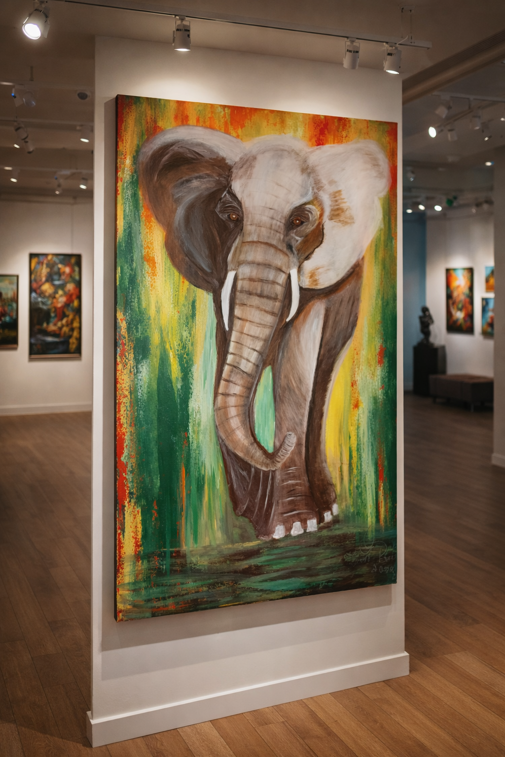 Ein Gemälde eines Elefanten mit bunten Hintergründen in einem Kunstmuseum.