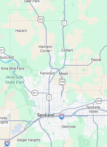Map of Spokane, Washington area showing highways and nearby towns such as Deer Park, Hazard, Hamann Corner, Colbert, Peone, Fairwood, Meadow, Nine Mile Falls, Riverside State Park, Spokane Valley, Glenrose, Geiger Heights, and surrounding areas.