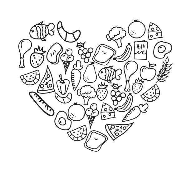 Line drawing of various food items arranged in a heart shape, including fish, fruit, vegetables, pizza, chicken drumstick, bread, and dairy products.