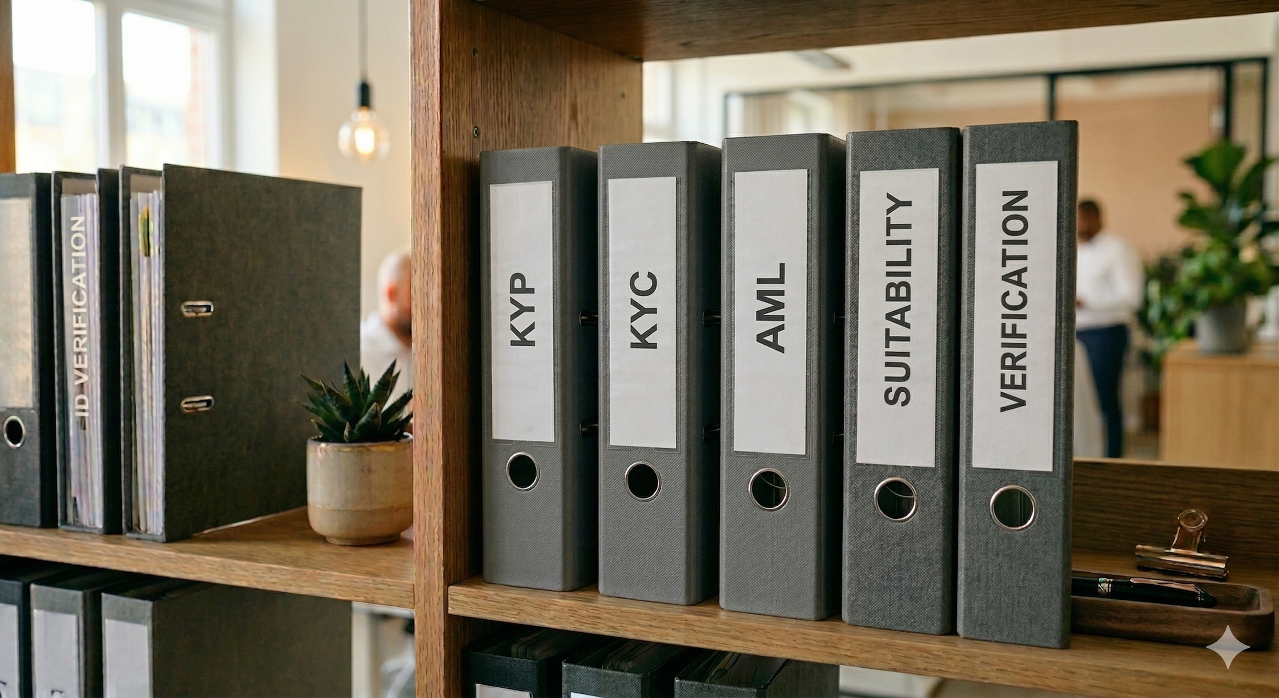File folders labeled 'KYP,' 'KYC,' 'AML' on a wooden shelf in an office environment.