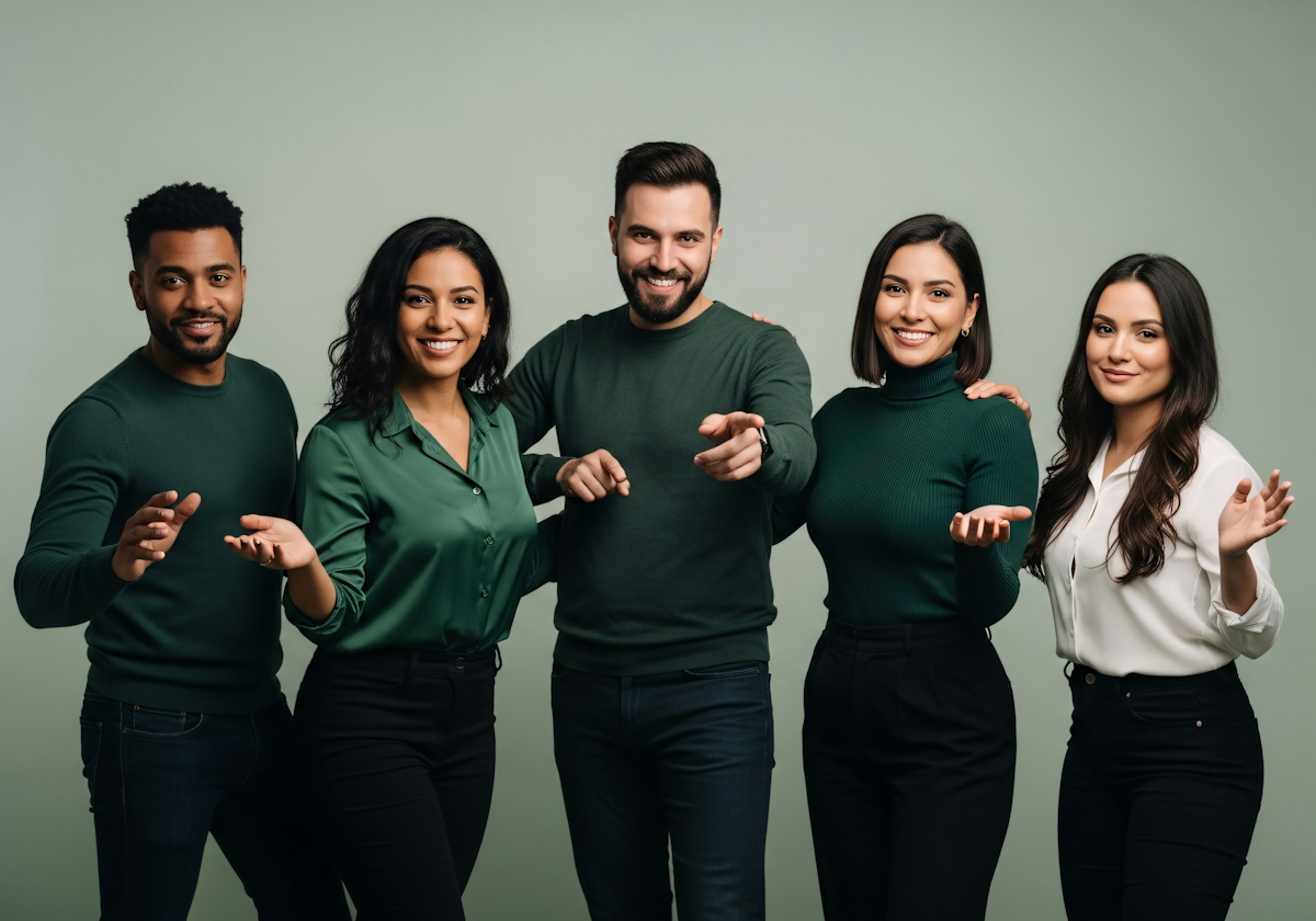 Group of five diverse people smiling and posing together against a plain background, some with their hands raised or pointing, dressed in casual and semi-formal green and white tops.
