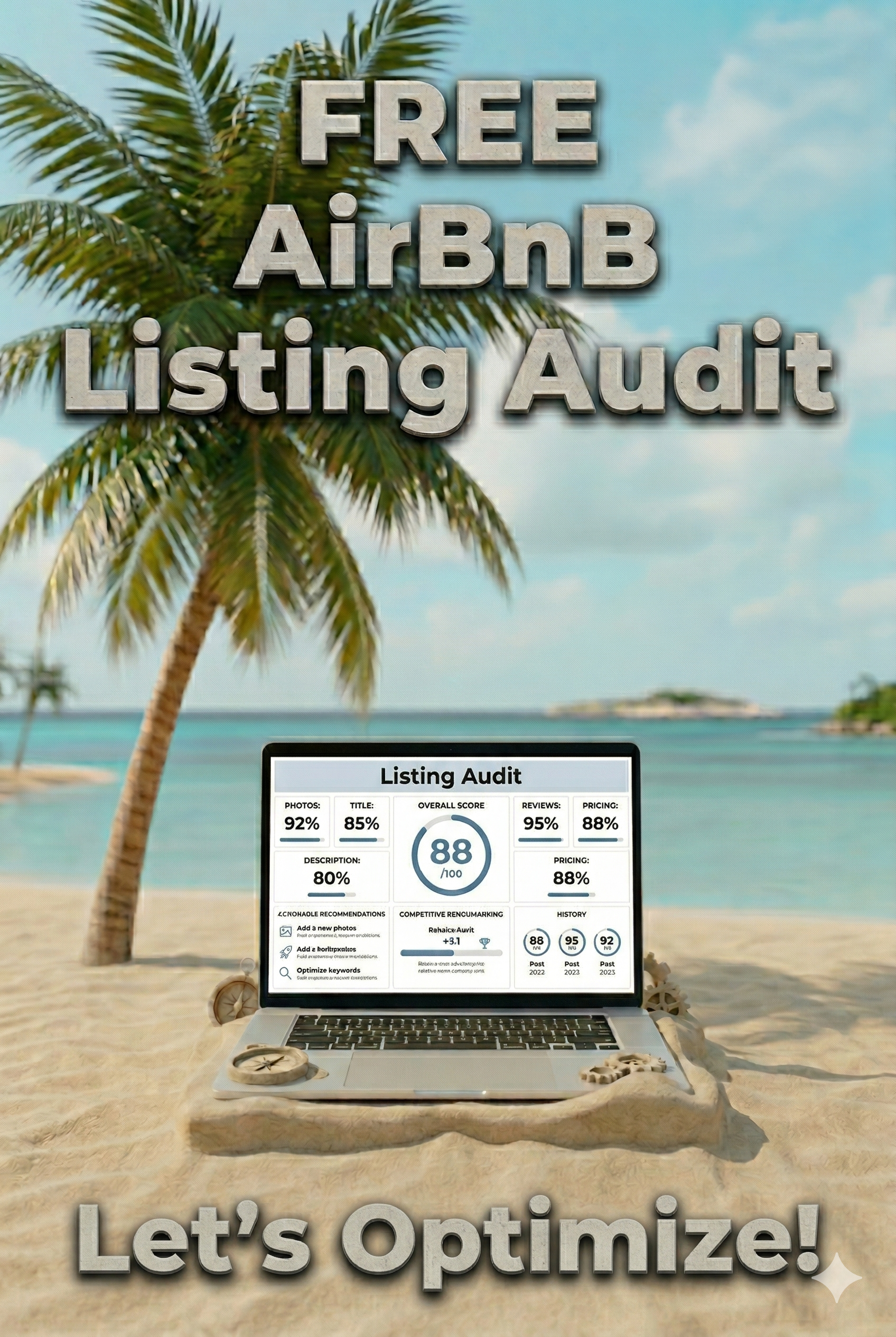Beach scene with a palm tree and ocean in the background, displaying a computer screen showing an Airbnb listing audit with scores and recommendations, with overlay text promoting a free Airbnb listing audit and encouraging optimization.