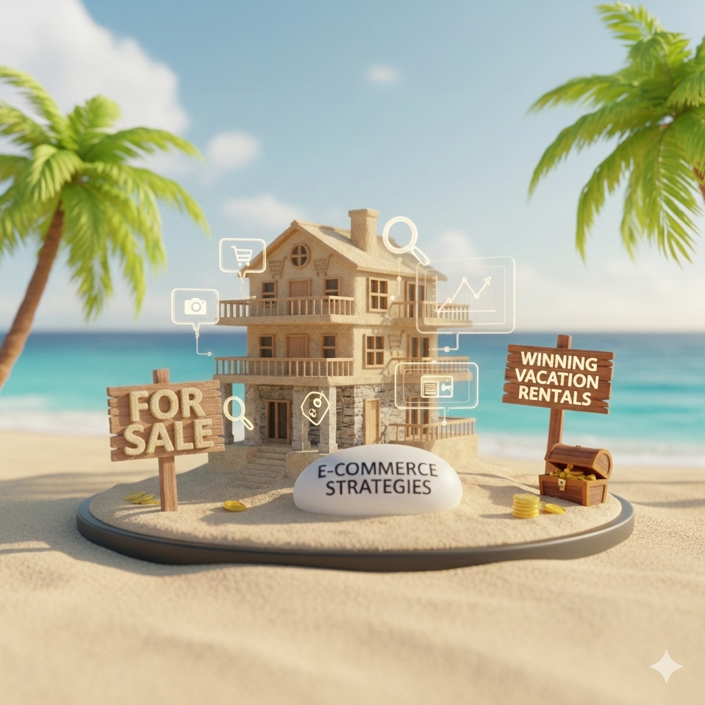 Miniature model of a house on a sandy beach with palm trees, surrounded by signs reading 'For Sale' and 'Winning Vacation Rentals', with digital icons representing e-commerce strategies, set against the ocean and sky.