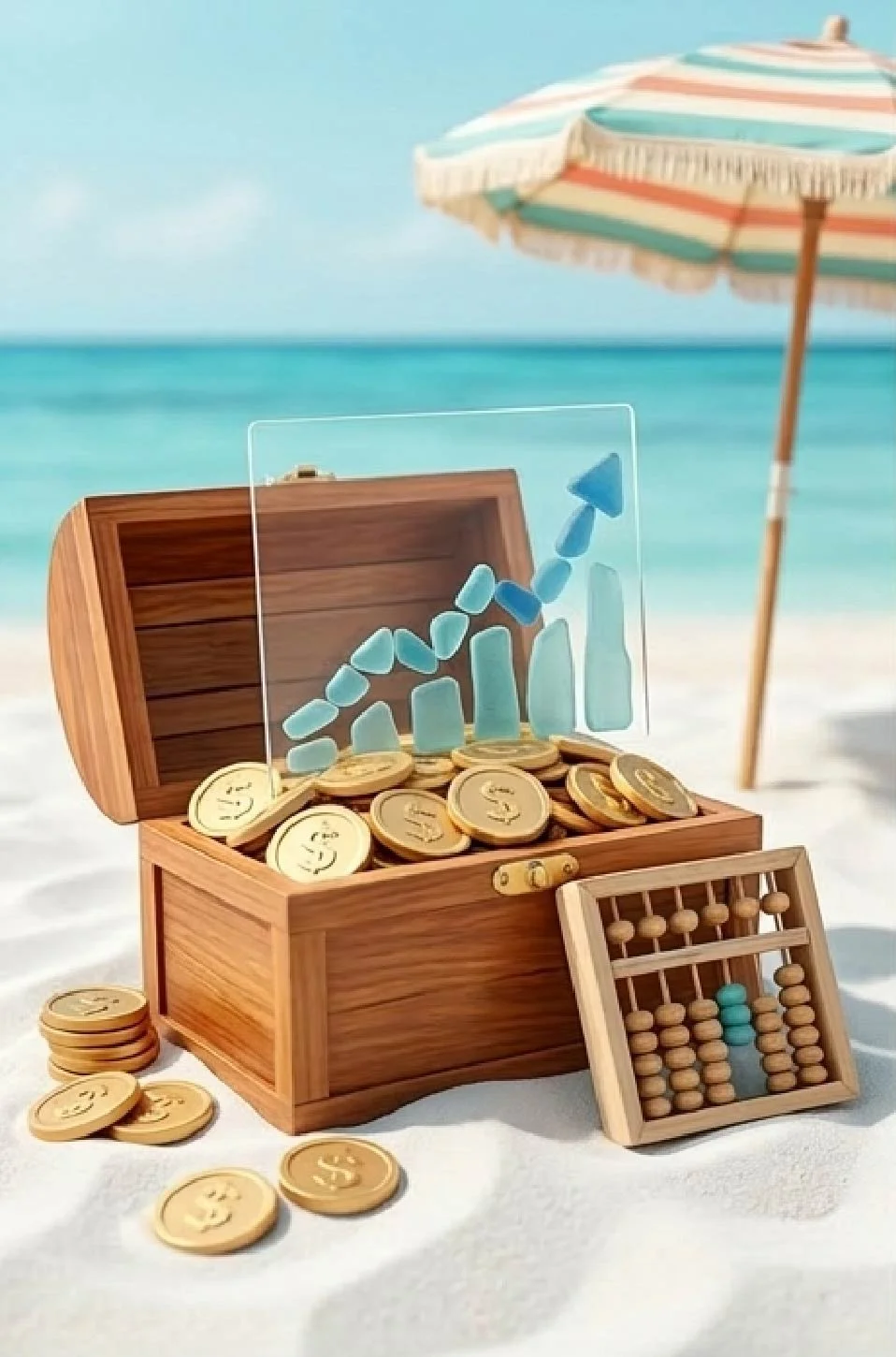 A wooden treasure chest filled with gold coins, a small wooden abacus, and a glass panel with a growing bar chart and upward arrow, set on a sandy beach with a striped beach umbrella and ocean in the background.