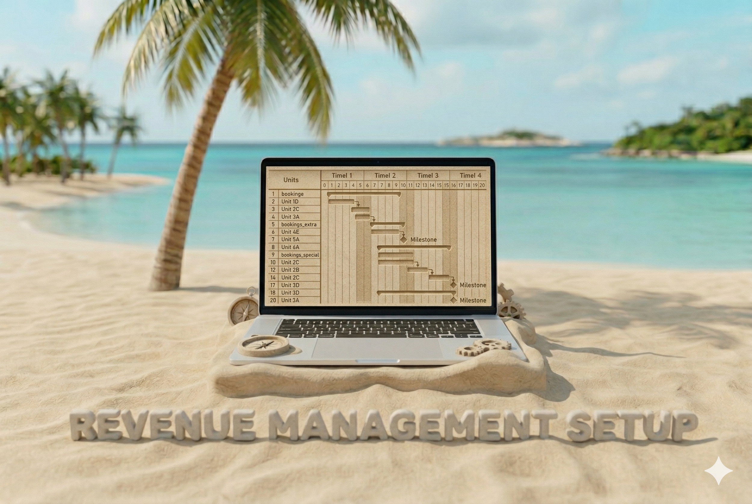 A laptop on the sand at the beach displaying a project management Gantt chart. In front of the laptop, there are small decorative objects including a compass and gears. Behind, there are palm trees, sandy beach, and ocean with a distant island. Text in front of the laptop reads "REVENUE MANAGEMENT SETUP."