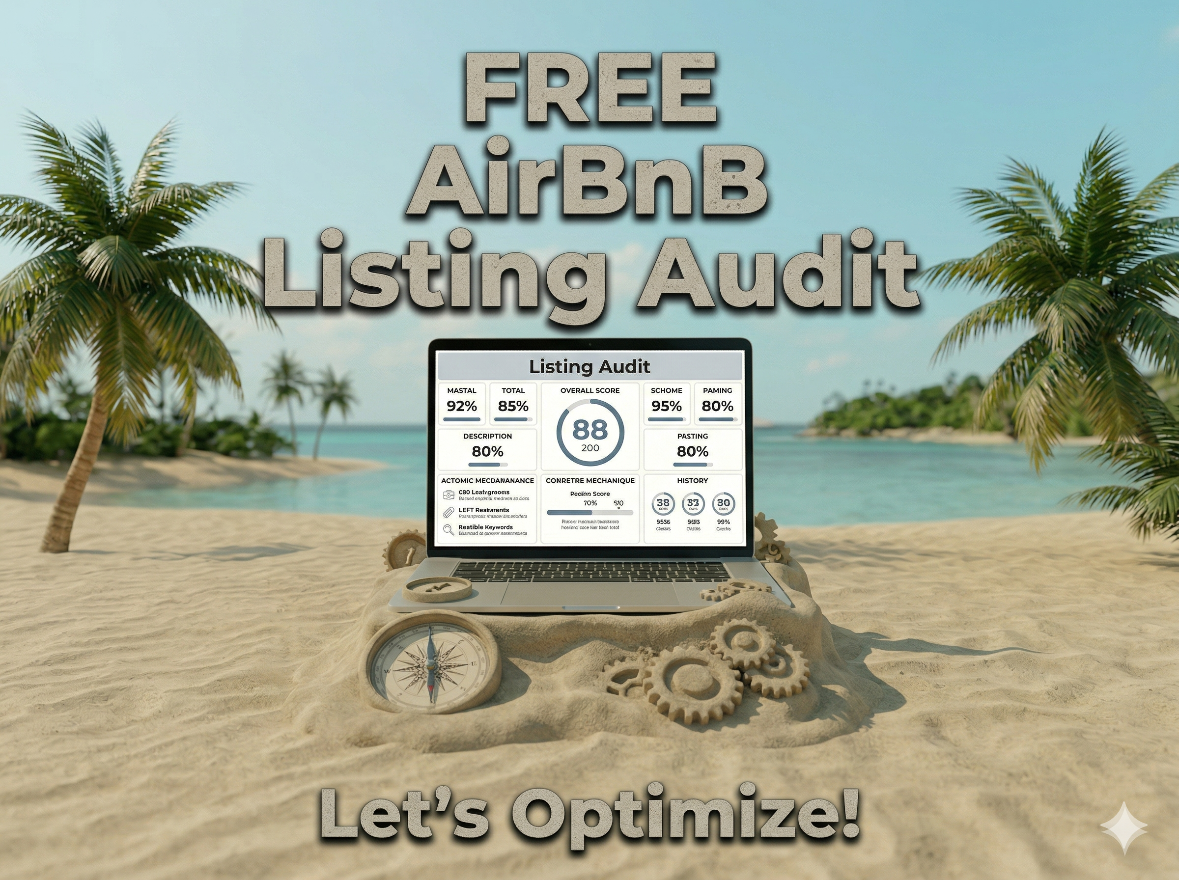 A beach scene with palm trees, a sandy shore, and a calm ocean in the background. In the foreground, there is a notebook or laptop on the sand displaying a listing audit with scores. A compass and some gears are also placed on the sand around the device. Text over the image reads "FREE AirBnB Listing Audit" at the top and "Let's Optimize!" at the bottom.