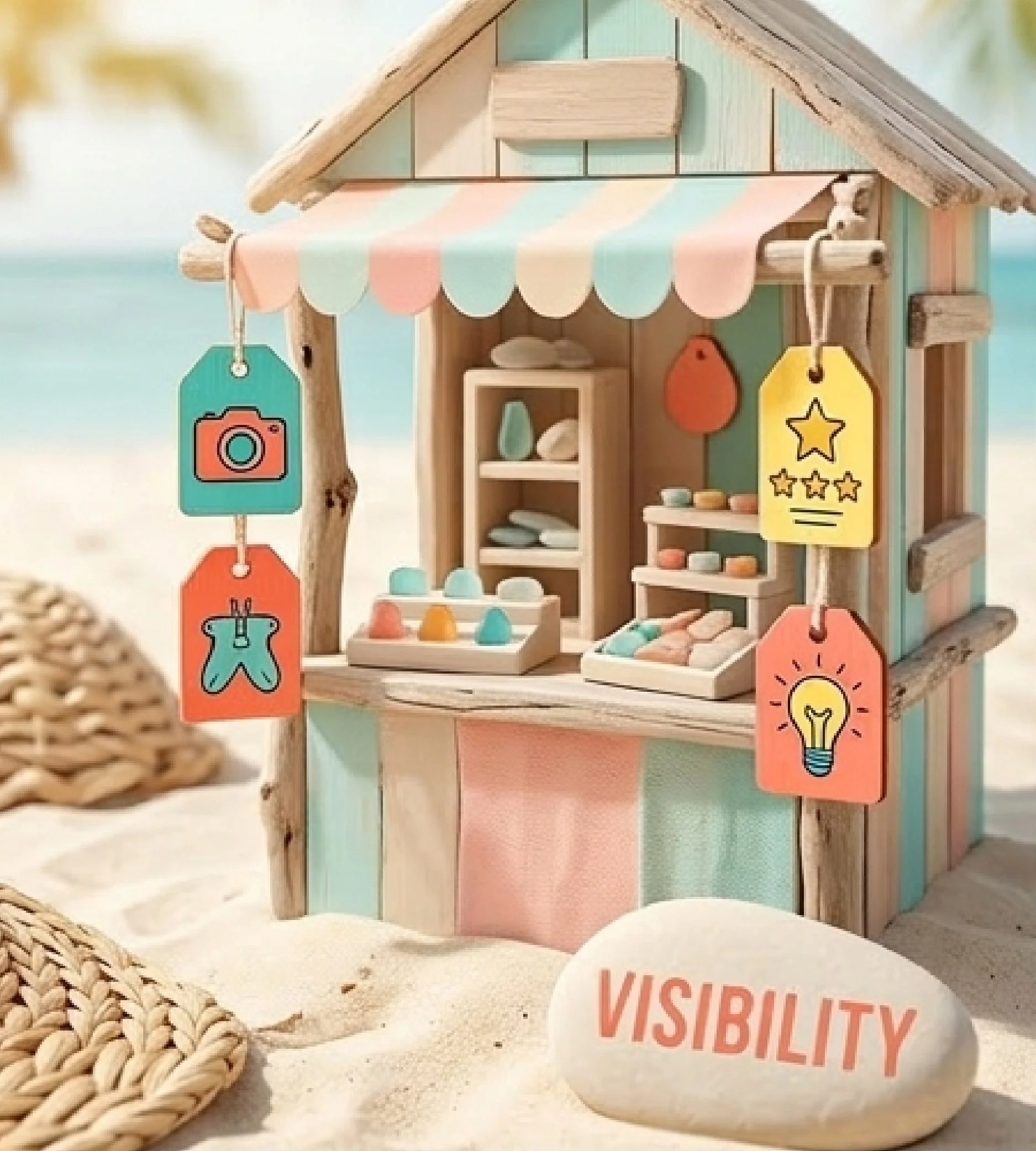 Small pastel-colored wooden beach shop with striped awning, decorative tags hanging, and a sign with the word 'VISIBILITY' on a sand surface, with the ocean and palm trees in the background.