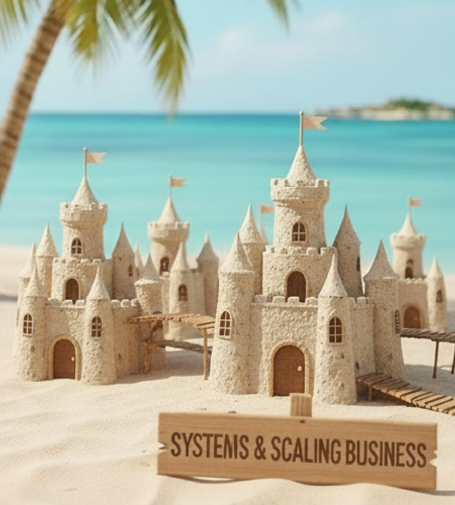 Sandcastle on a beach with a tropical background and a sign that reads 'SYSTEMS & SCALING BUSINESS'.