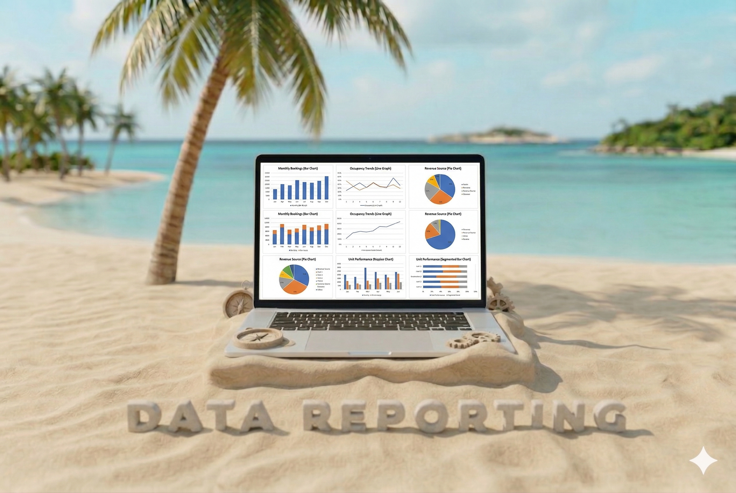 Laptop on sand beach displaying data charts with a palm tree and ocean in the background.