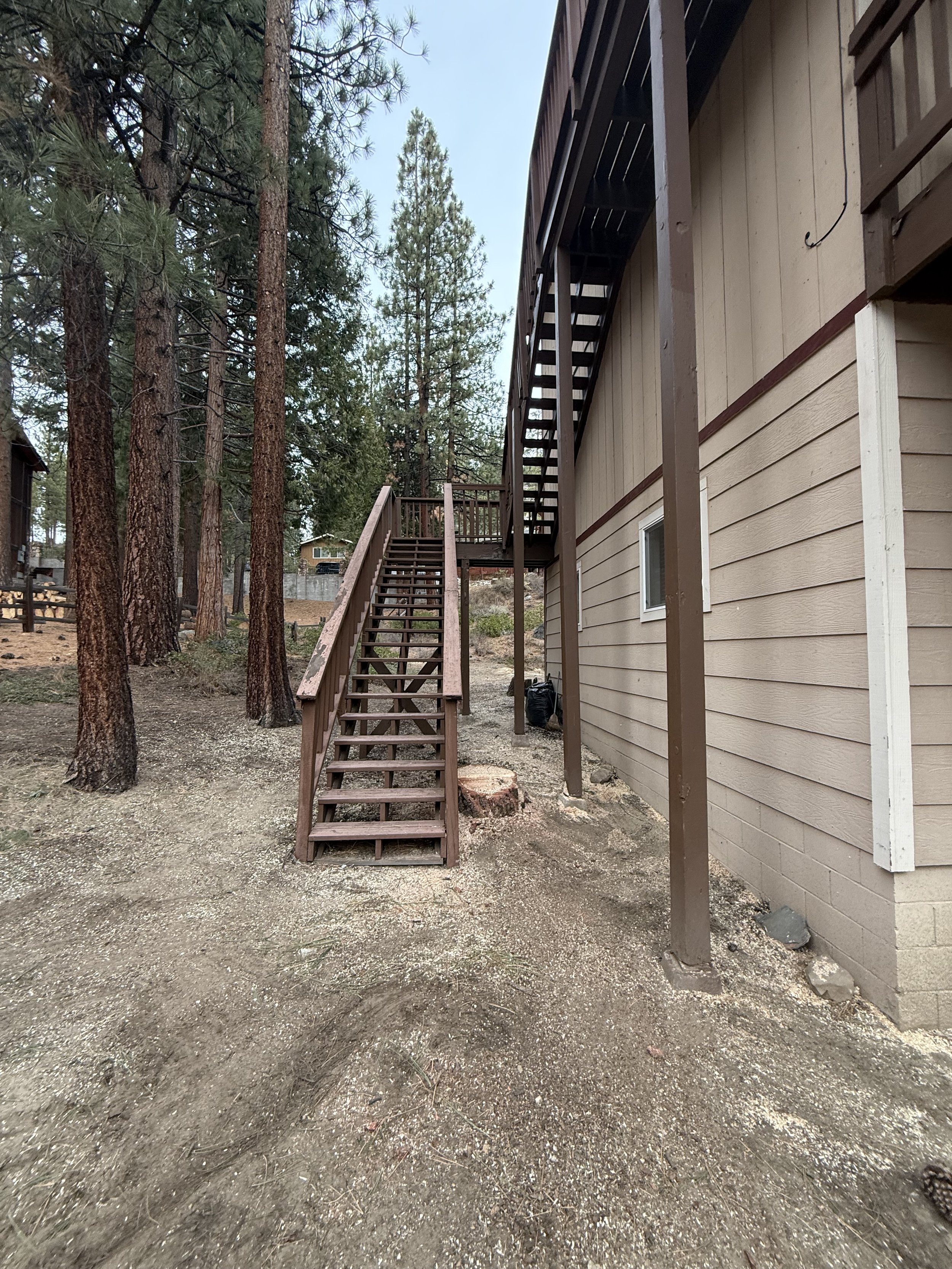 Backyard scene showing a beige house with a wooden exterior, an outdoor staircase leading to a second floor, tall pine trees, and bare ground.