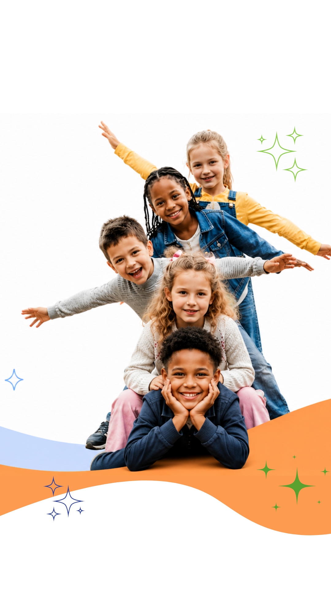 Group of five children stacking on each other, smiling, with a white background and colorful abstract shapes and stars.