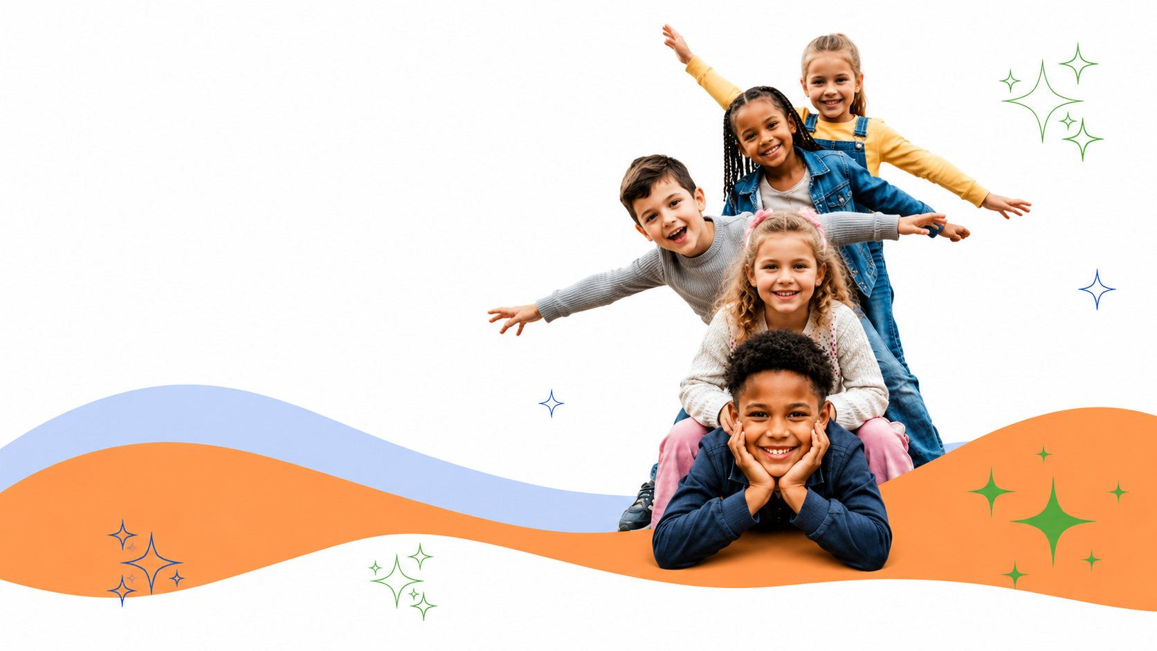 A group of five diverse children forming a human pyramid, smiling and posing cheerfully on a colorful, wavy background with star-like decorations.