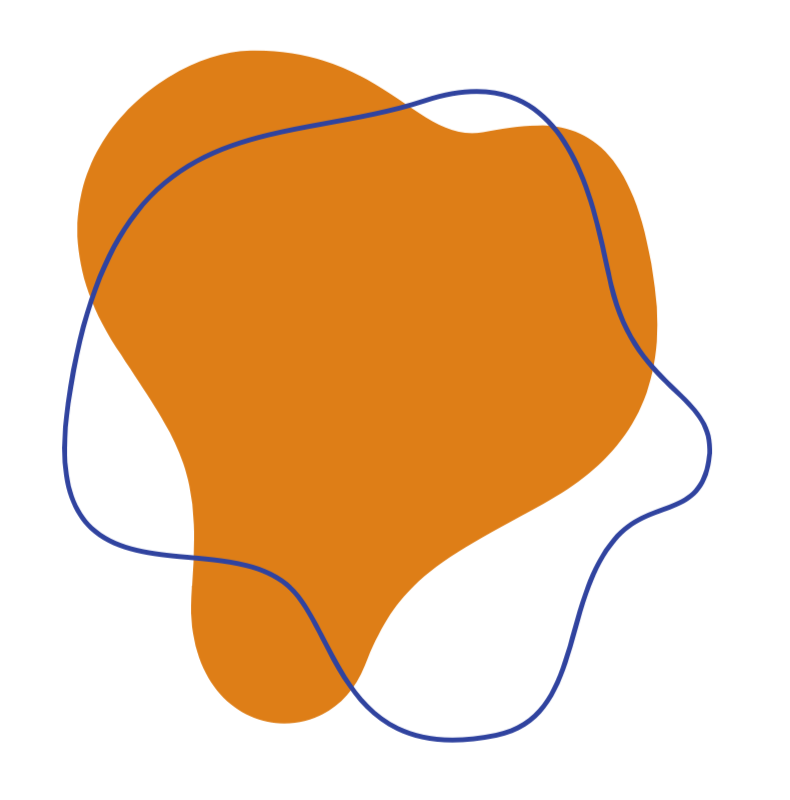 Abstract shape with an orange-colored irregular blob and a thin blue squiggly outline surrounding it.