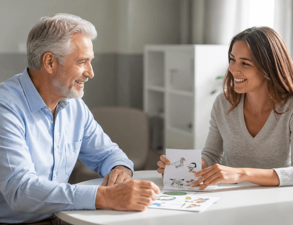 A smiling young woman and an older man sit at a table, looking at each other, with the woman holding a drawing of a bird and a robot, in a bright room.