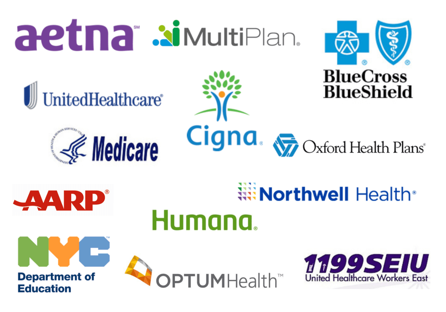Multiple healthcare and insurance company logos, including Aetna, MultiPlan, BlueCross BlueShield, UnitedHealthcare, Cigna, Medicare, Oxford Health Plans, AARP, Northwell Health, Humana, NYC Department of Education, Optum Health, and 1199SEIU United Healthcare Workers East.